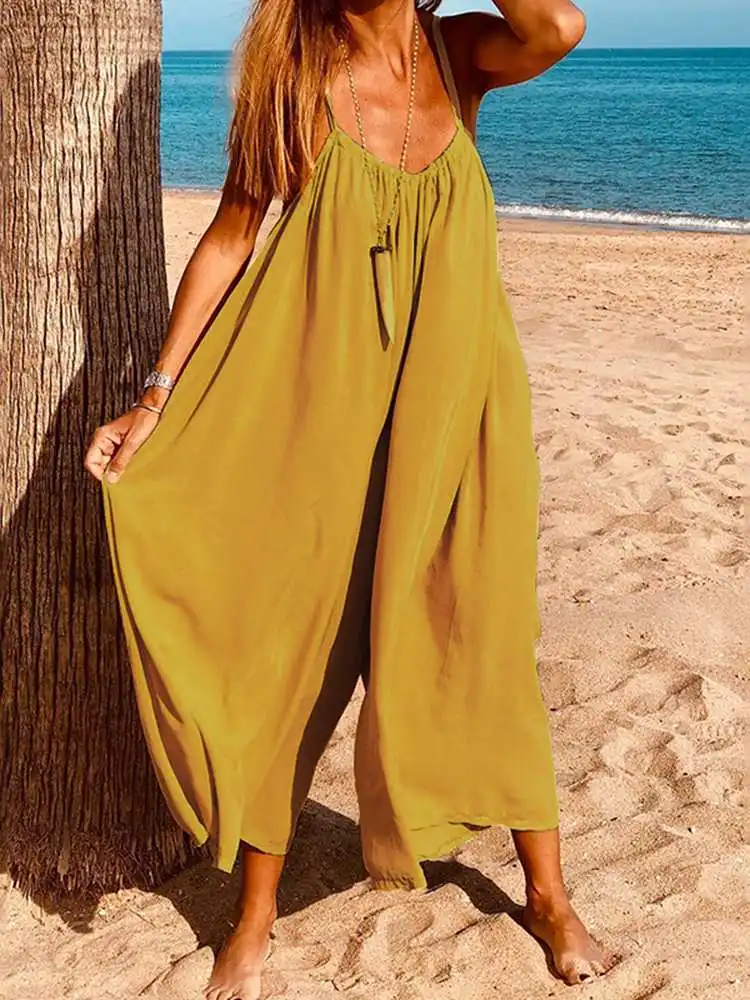 

Women Jumpsuits VONDA 2024 Fashion Sleeveless Summer Loose Sexy Solid V Neck Long Overalls Playsuits Wide Leg Pants Oversized
