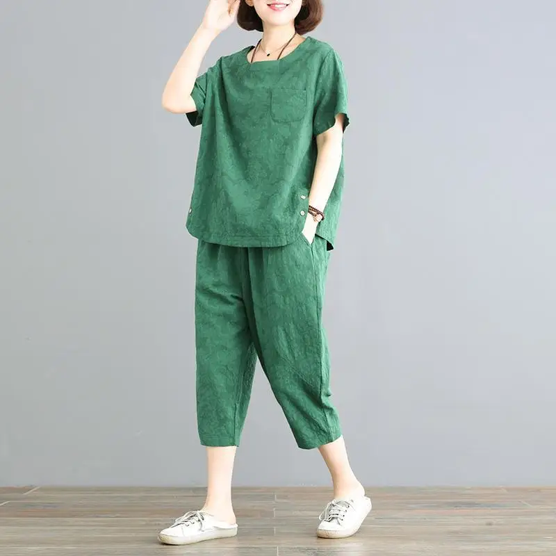 Vintage Casual Fashion Pant Sets Summer 2023 O-Neck Short Sleeve Tee Elastic Waist Cropped Pants Loose Women's Clothing Q453
Vintage Casual Fashion Pant Sets Summer 2023 O-Neck Short Sleeve Tee Elastic Waist Cropped Pants Loose Women's Clothing Q453