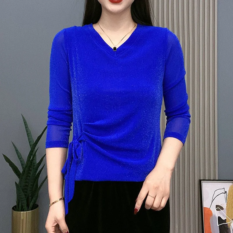 

2024 New Summer Loose Casual Retro Chic Oversized Office Lady T-shirts for Women Solid Color Mixed Cotton V Neck Long Sleeve Top