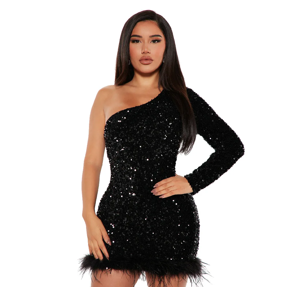 

Clothing 2023 Summer Sequined Feather Solid Slim One Shoulder Long Sleeve Splicing Mini Dress Nightclub Party Sexy Prom Dresses