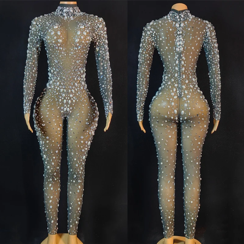 

Sexy Mesh Rhinestones Jumpsuit Women'S Gogo Dancer Costume Bar Nightclub Ds Dj Party Rave Outfits Stage Performance Wear XS8011