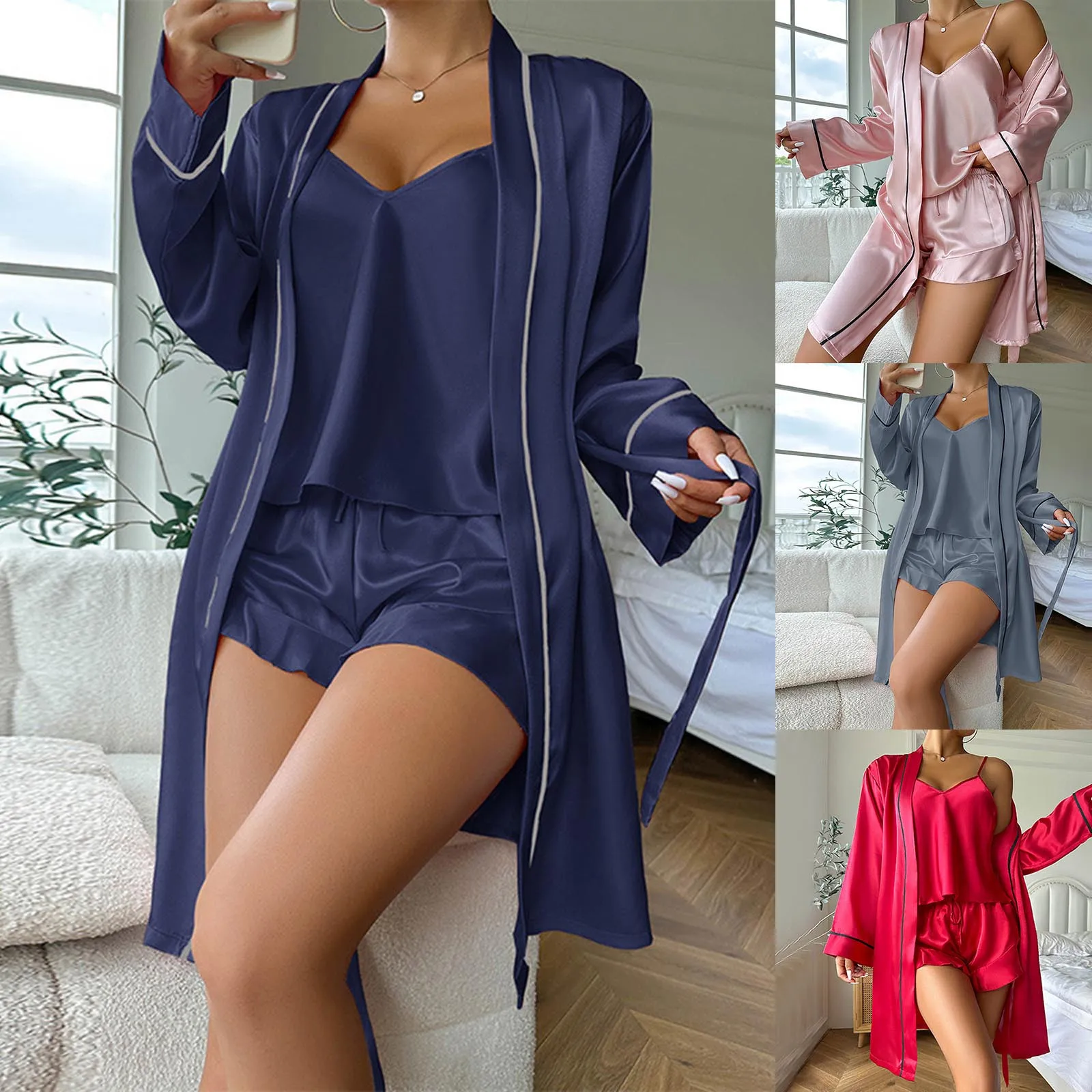 

Women's Ice Silk Pajamas Suspenders Shorts Nightgown Three Piece Sets Comfortable And Can Be Worn Outside Home Clothes