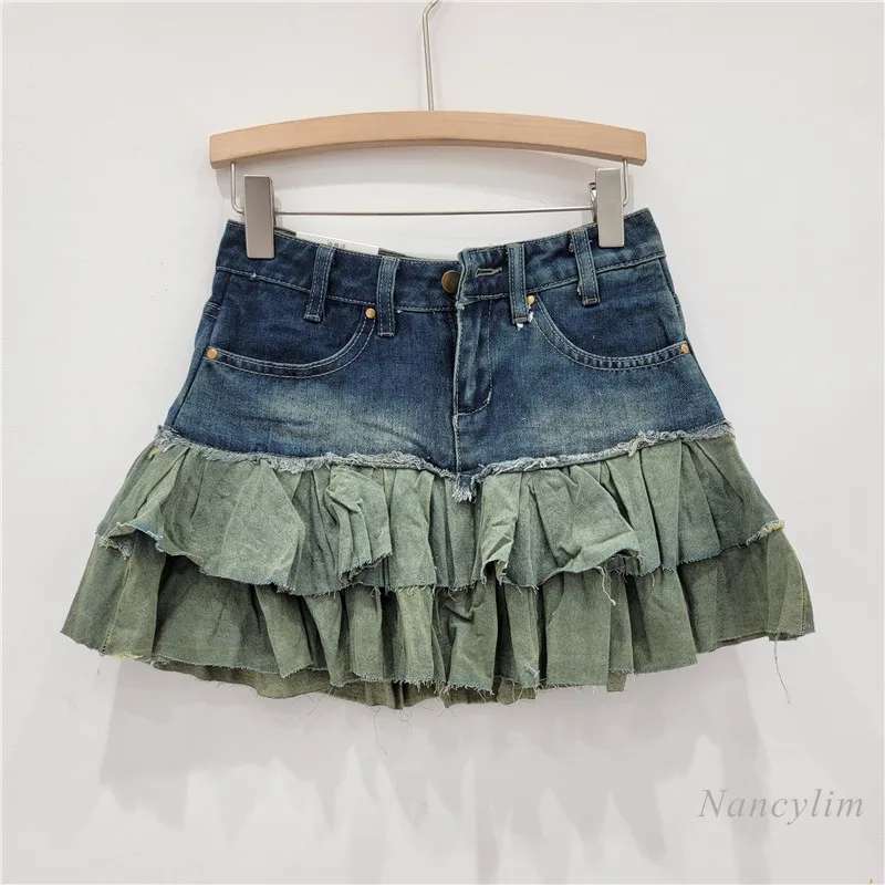 

Summer Hot Girl American Style High Waist A- Line Slimming Denim Skirt Cake Pettiskirt Pleated Flounced Skirts for Ladies