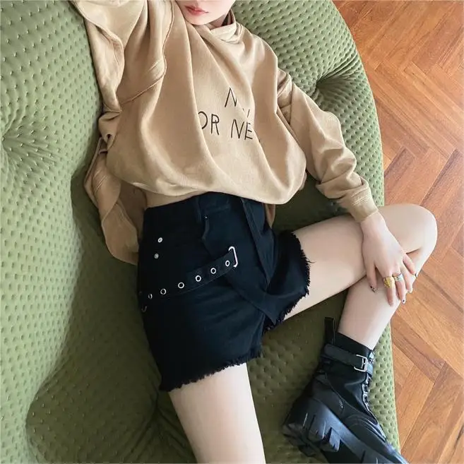 

Fashion Y2k Street Style Denim Shorts Women Irregular Design High Waisted Tassels Shorts Black Jeans 2024