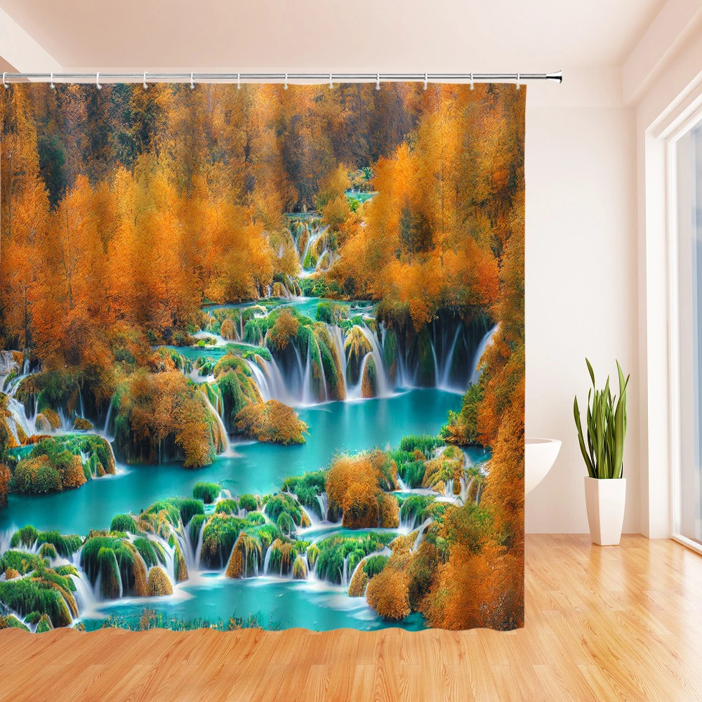 

Ambesonne Waterfall Shower Curtain, Mystic Waterfall in Forest Trees with Splashing Water Babbling Brook, Cloth Fabric Bathroom