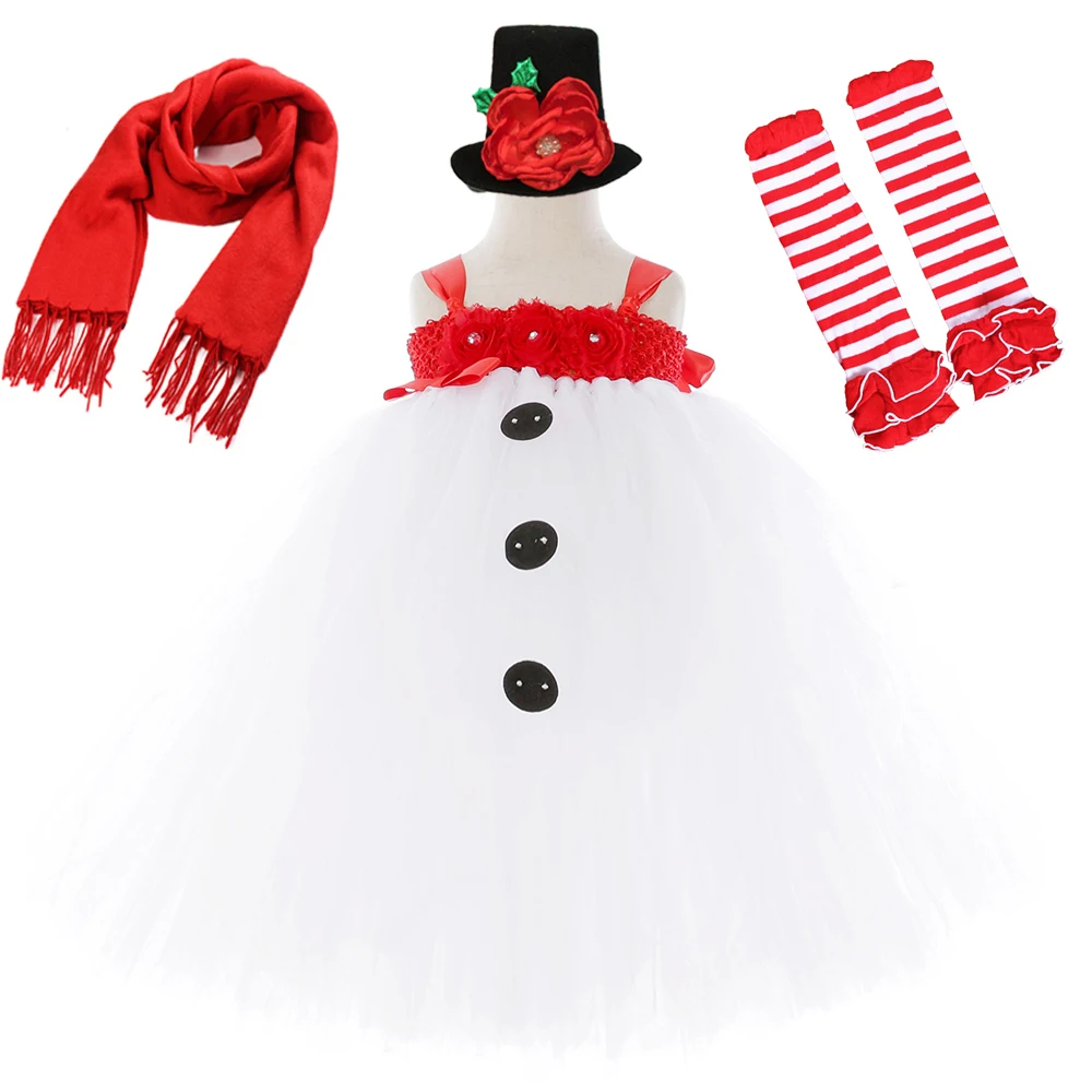 

Red Flowers White Snowman Costumes for Girls Christmas Long Tutu Dress Kids Xmas New Year Outfits Children Holiday Fancy Clothes