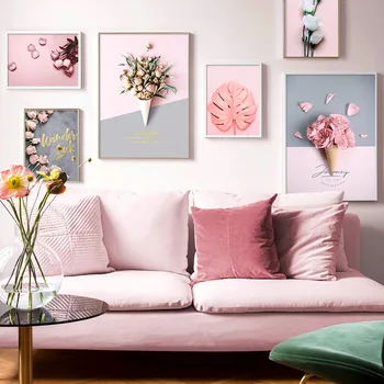 캔버스 페인팅 핑크 꽃 로즈 몬스테라 스위트 튜브 HD 월 아트, 북유럽 거실 장식 포스터 및 프린트 벽 사진