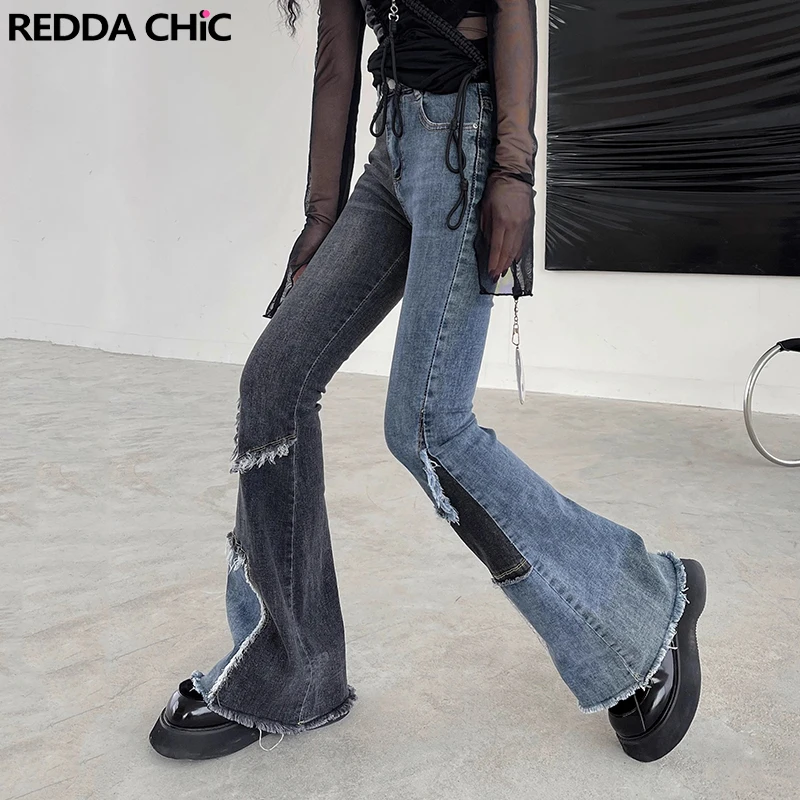 

ReddaChic 90s Retro Women Patchwork Flare Jeans Asymmetric Spliced Raw Edge Stretchy Slim High Waist Bootcut Pants Bell Bottoms