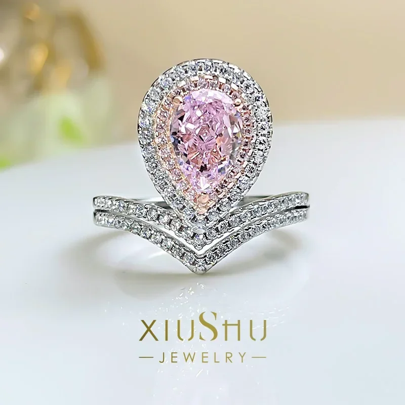 

100% 925 Silver Ring Pear Shaped Cherry Blossom Pink Diamond Ring Queen Gift Temperament Versatile Wedding Jewelry