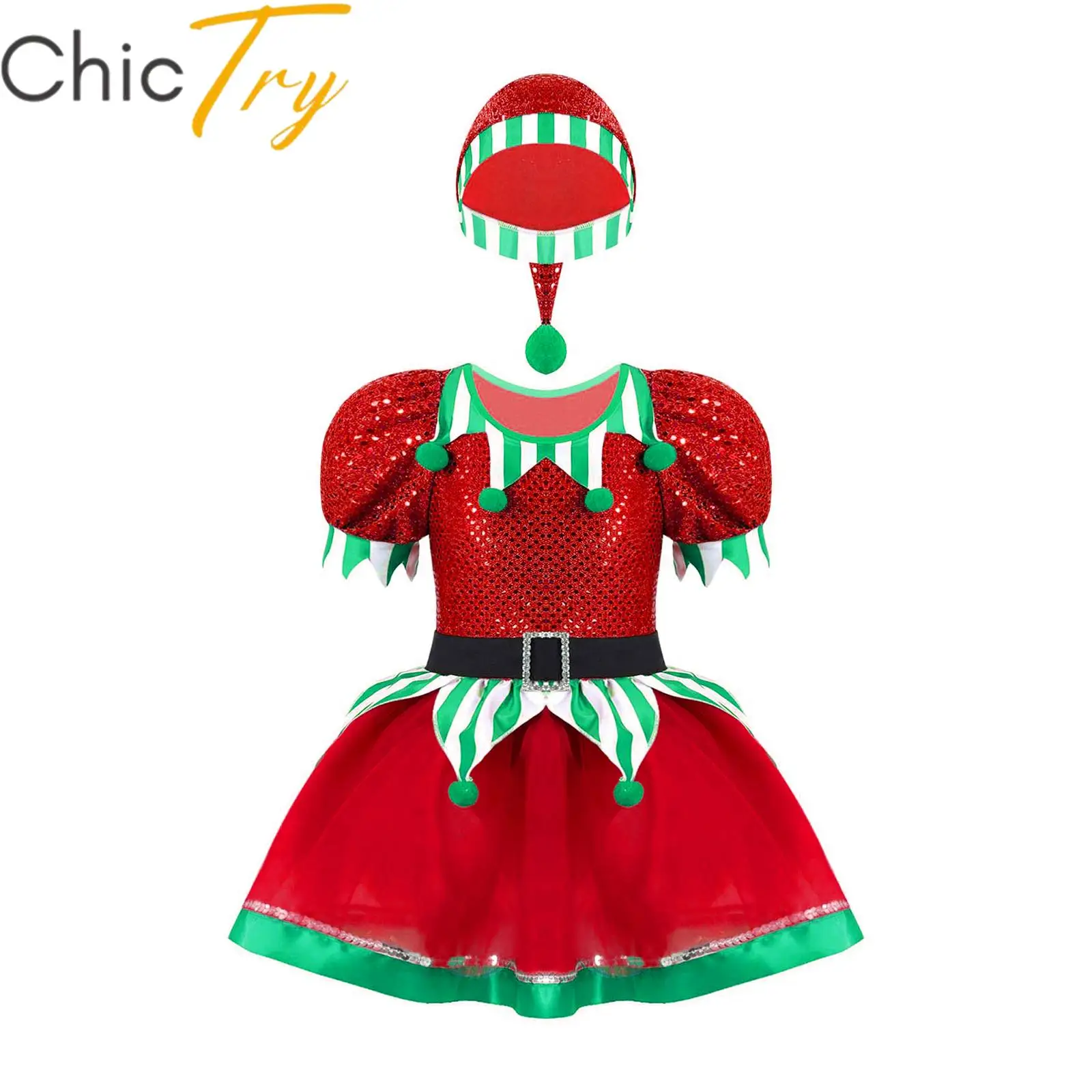 

Kids Girls Christmas Elf Costume Xmas Holiday New Year Party Festive Santa Clause Princess Tutu Dress with Hat Carnival Dress Up