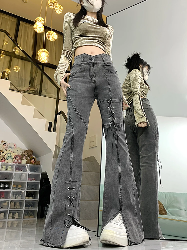 

Women's Grey Gothic Cargo Pants Vintage Y2k Harajuku 90s Aesthetic Flare Pants High Waist Wide Trousers Emo 2000s Clothes 2024
