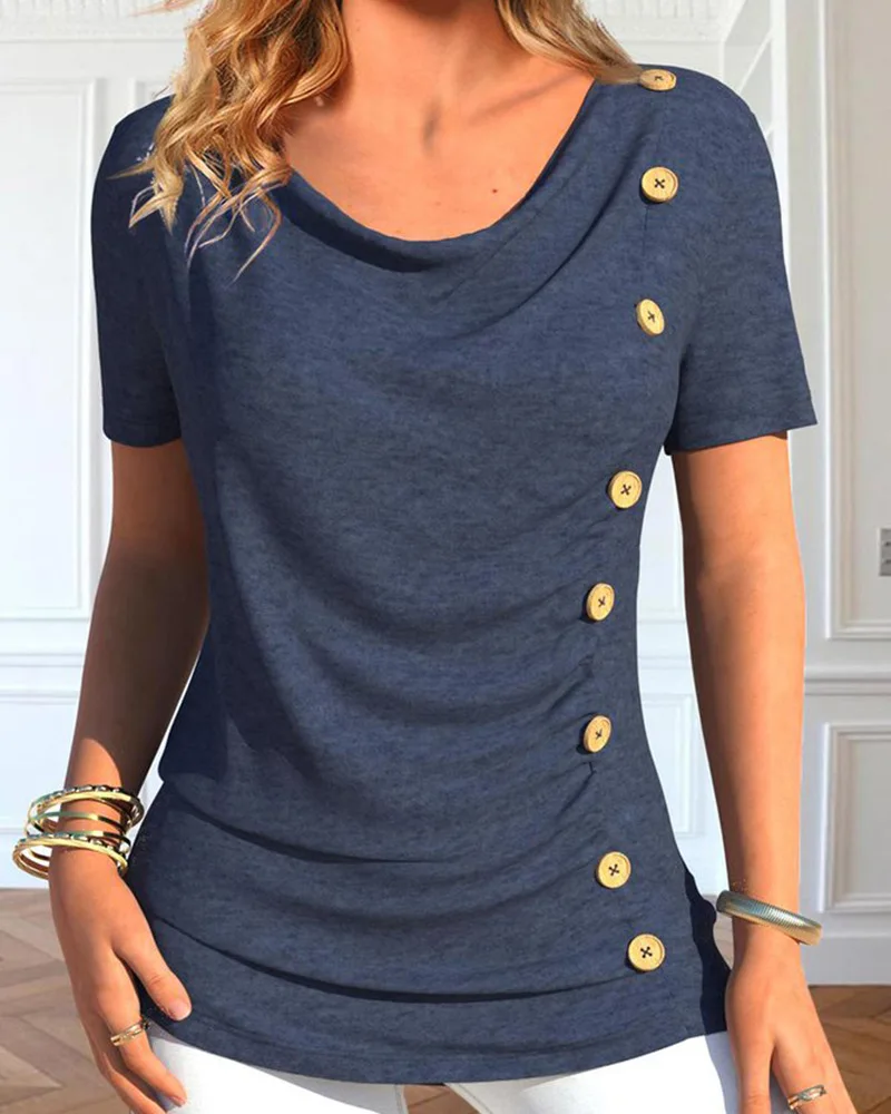 

Cowl Neck Buttoned Ruched Top Women Summer Spring Solid Color Fashion Casual T Shirt Tee Tops