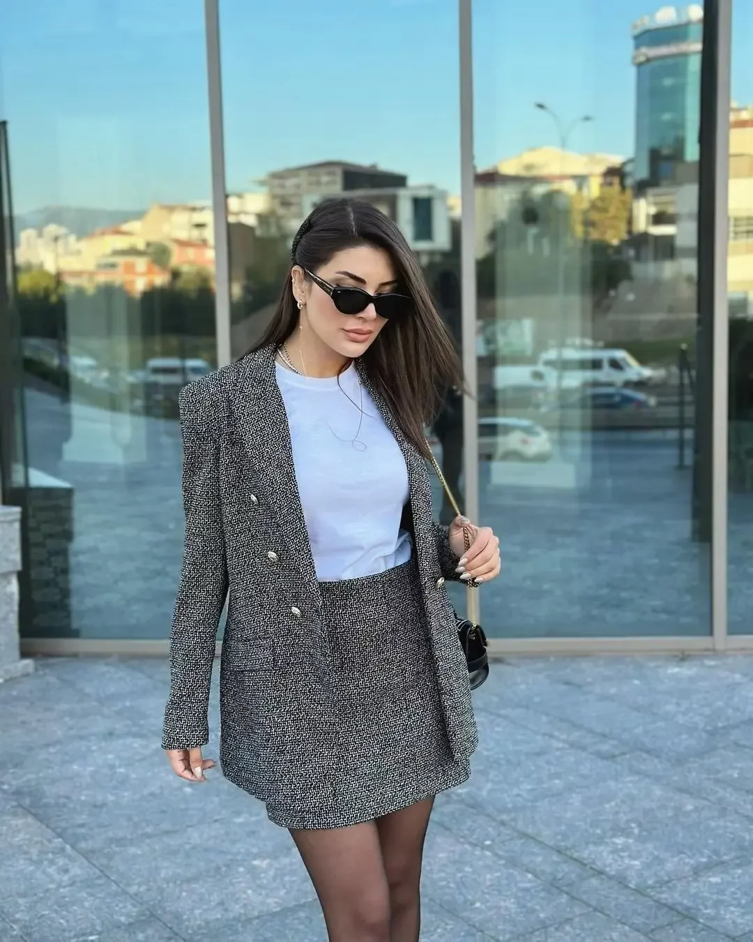 

Women 2023 New Fashion Textured Double Breasted Tweed Check Slim Blazer Coat Vintage Long Sleeve Pockets Female Outerwear Chic