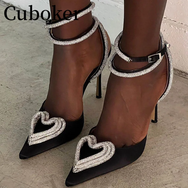 

Runway Bling Crystal Heart Ankle strap Sandals Woman Pointy Toe Satin Pumps Summer Party Dress Sandals Wedding Shoes Women