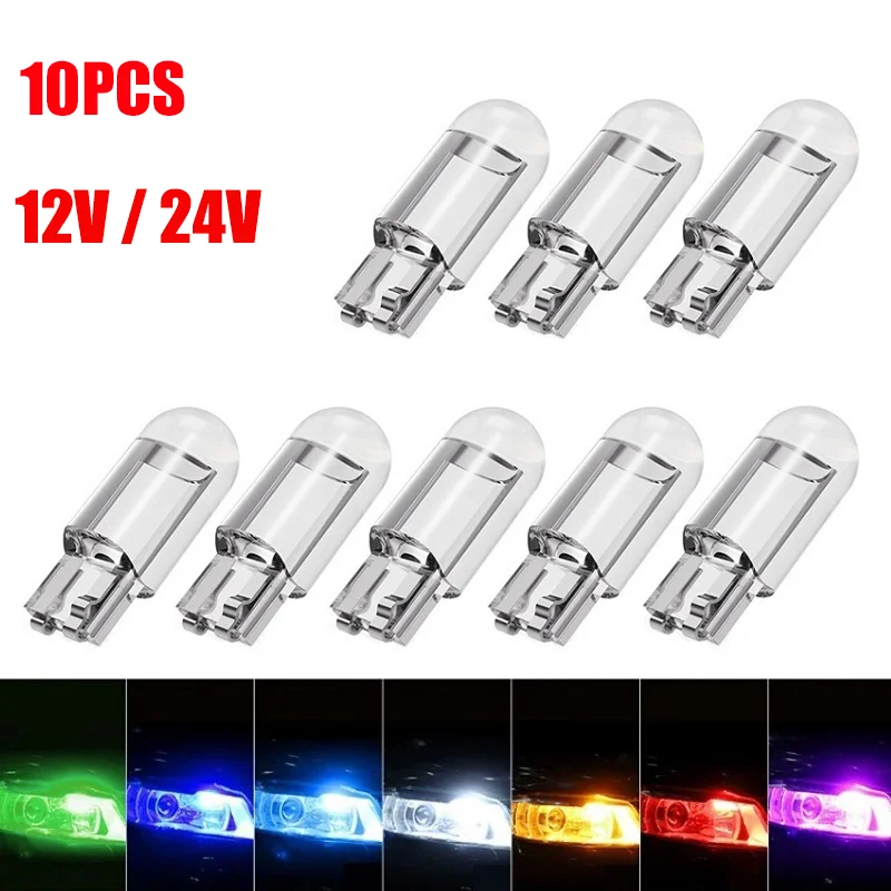 

10X 12/24V T10 LED W5W Canbus Glass COB 6000k Reading Dome Lamp Marker Wedge License Plate Light Bulb 168 194 192 DC White Red