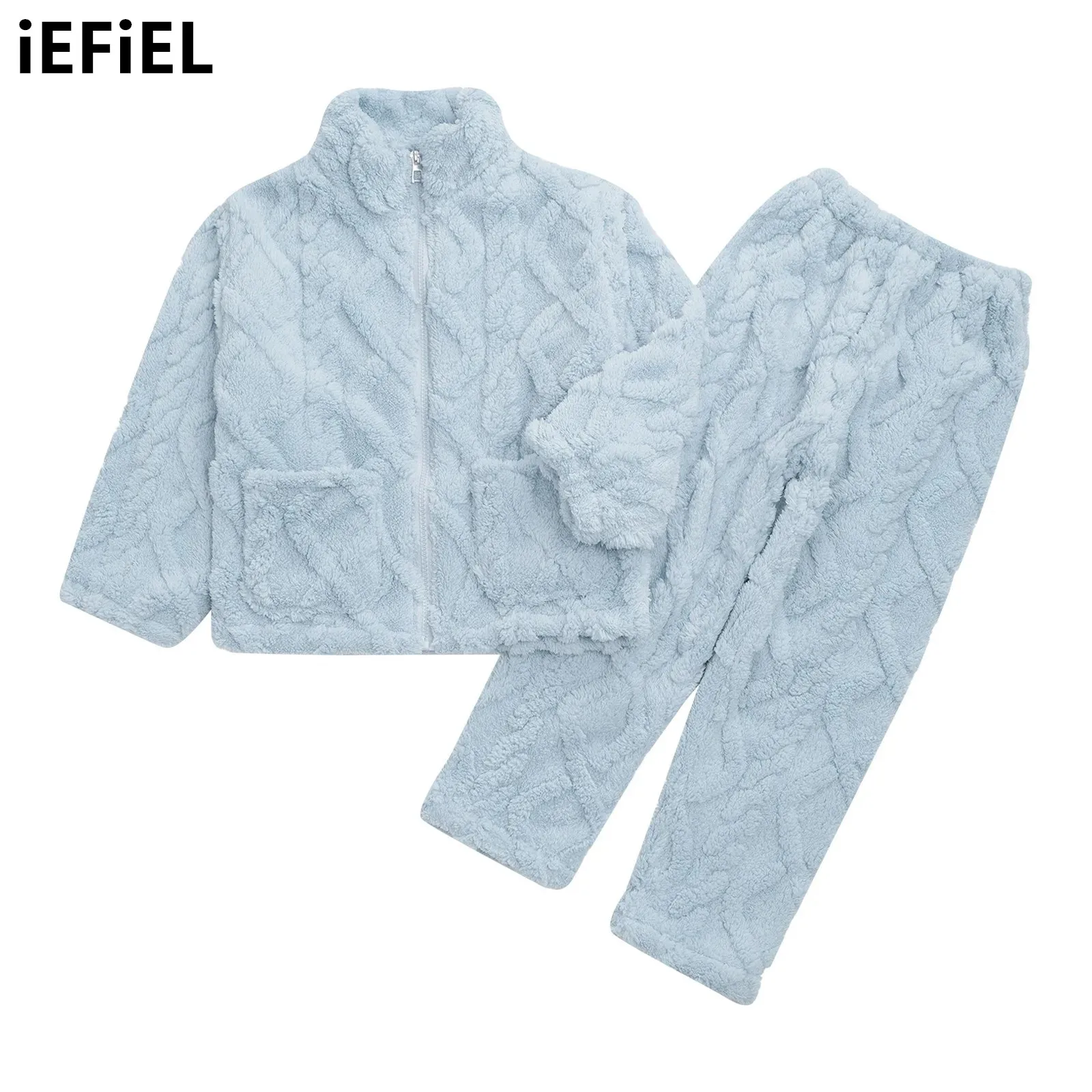 

Kids Boys Girls Flannel Pajamas Set Homewear Unisex Children Nightwear Loungewear Stand Collar Zipper Tops with Pants