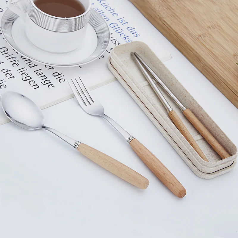 

Japanese outdoor beech stainless steel tableware wooden handle spoon fork chopsticks gift set portable tableware three-piece set