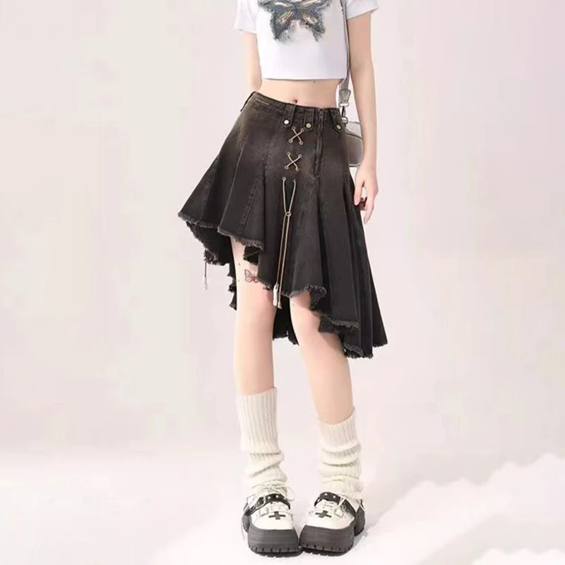 

Punk Style Black Irregular Denim Skirt For Women's Summer 2024 New Spicy Girl High Waisted Ruffled A-Line Short Skirt Trendy Y2K