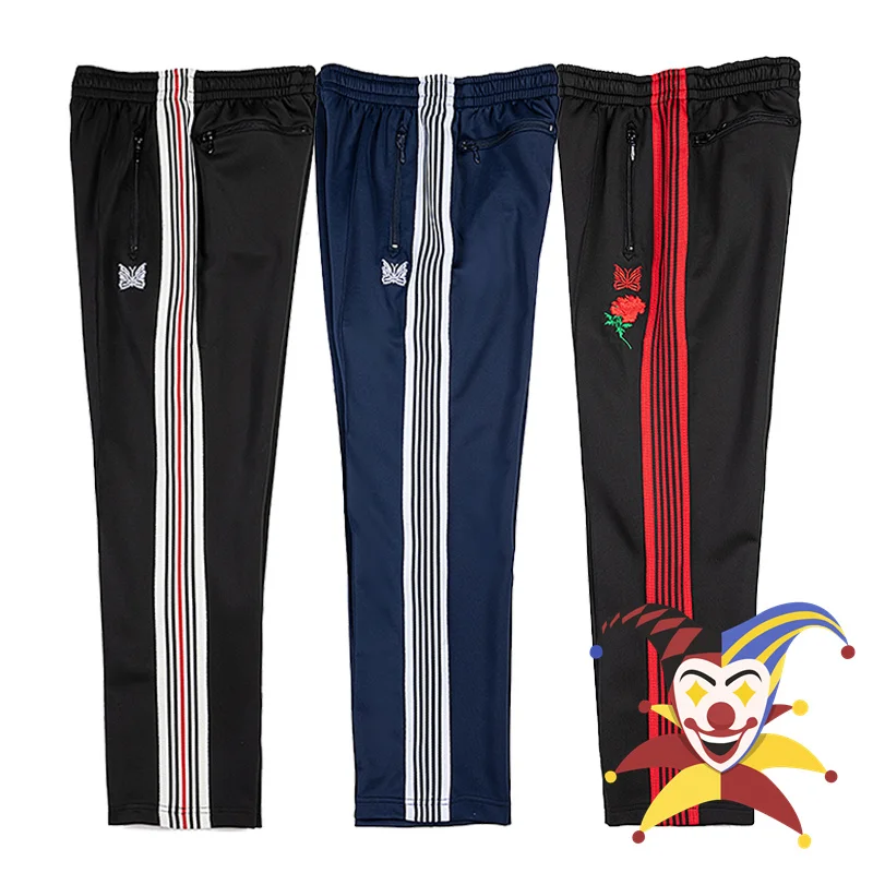 

New Stripes Needles Pants Men Women Best Quality Poly Smooth AWGE Track Pants Butterfly Embroidery Logo Trouser