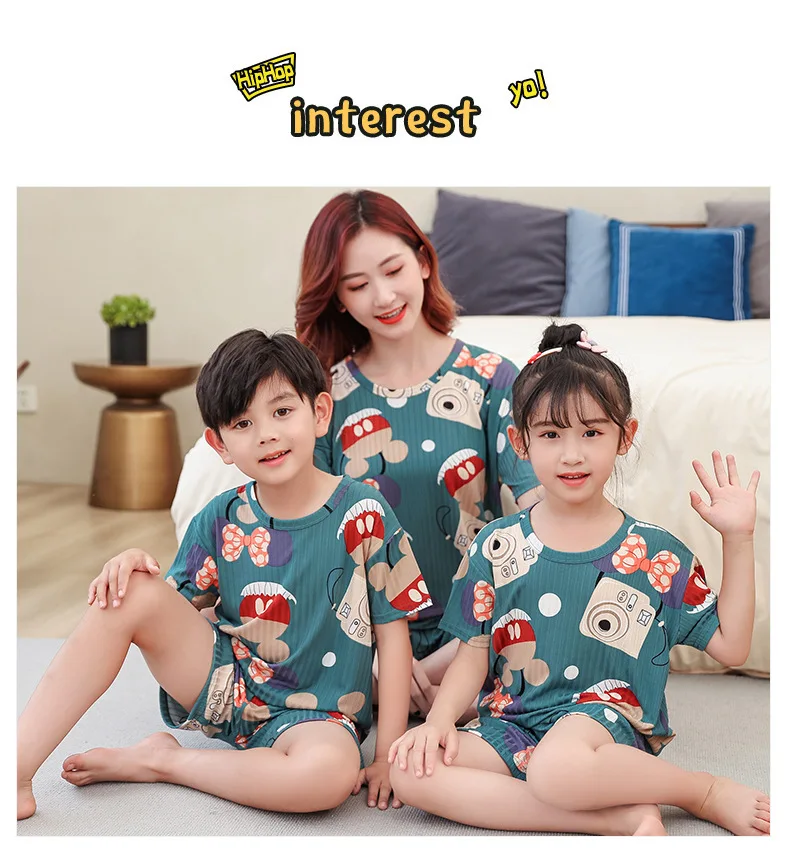 2 pieces for boys and girls pajamas Summer parent-child thin short sleeve cute neutral children's set Cute Children's homewear 2 pieces for boys and girls pajamas Summer parent-child thin short sleeve cute neutral children's set Cute Children's homewear