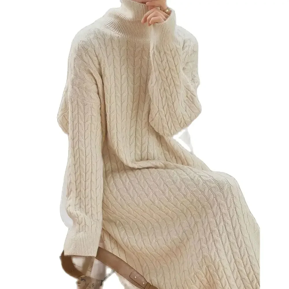 

Turtleneck long twist knitted dress female Korean loose thick warm sweater Dresses long over the knee dress