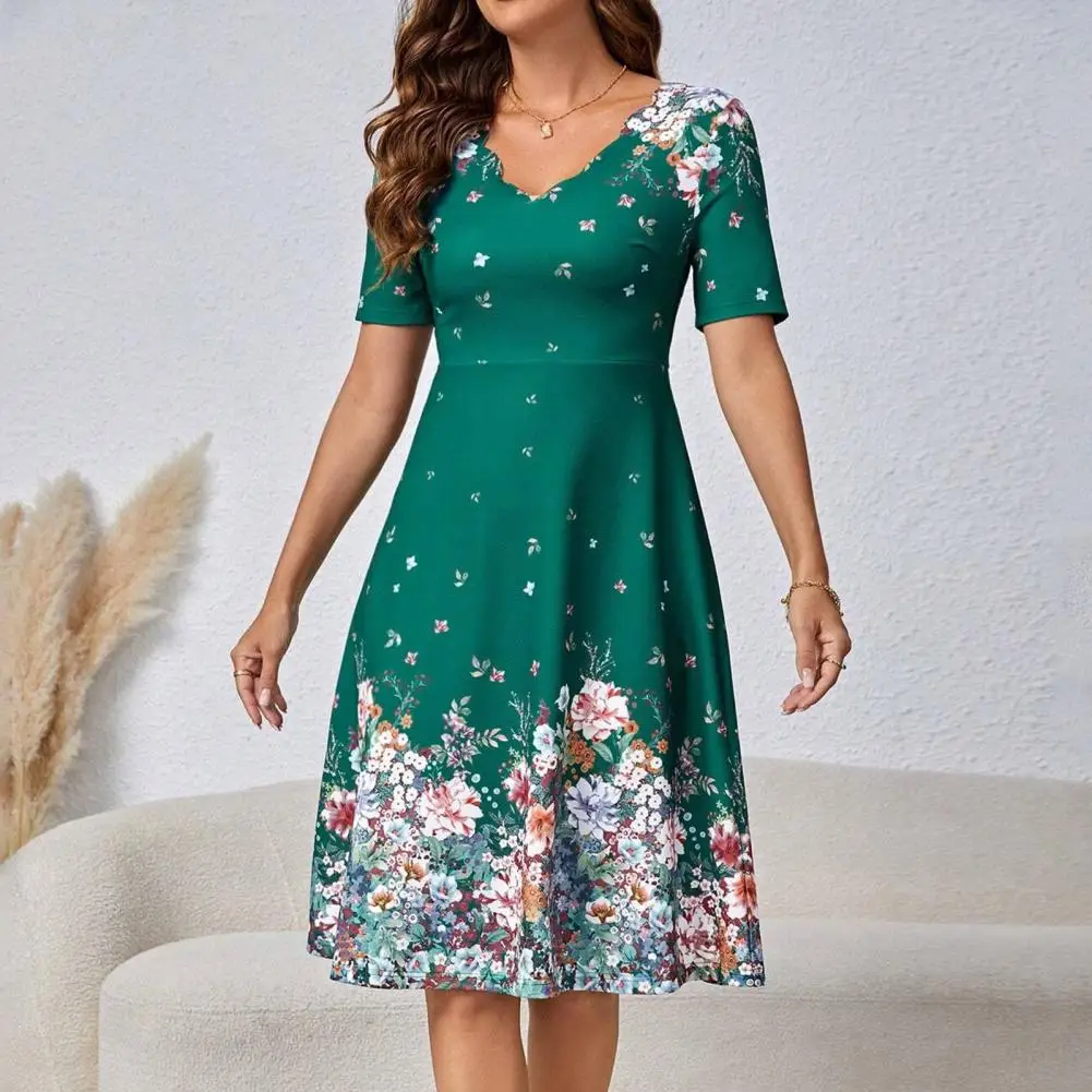 

Lightweight Printed Dress Floral Print A-line Midi Dress with Short Sleeves V Neck for Summer Parties Shopping Women Dating Midi