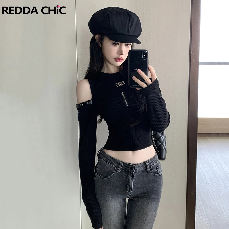 

ReddaChic Punk Rings Leather Stitch Crop Top Women Rib Knit Black Slim Cold Shoulder Long Sleeves T-shirt Retro Y2k Streetwear