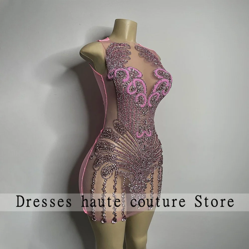 

Sexy See Through Black Girls Birthday Party Gowns Sparkly Luxury Pink Diamond Women Short Prom Dresses 2023
