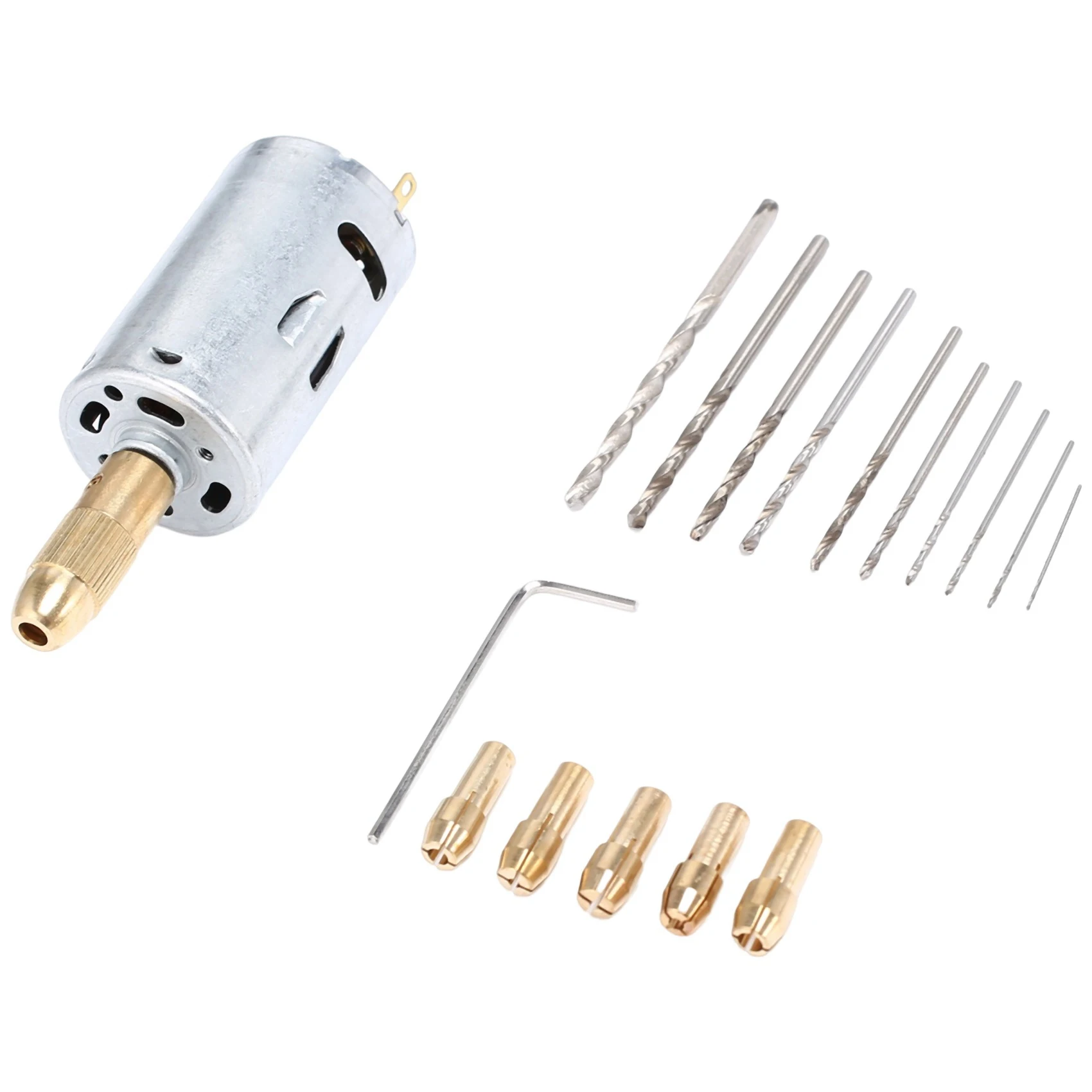 

Mini Electric Hand Drill Bit Set DC 12V Motor 0.5-3mm HSS Twist Drill Bit with 5Pcs Chuck Collets Fits Drilling Hole Saw