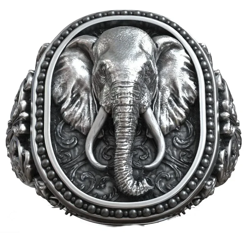 

23g Elephant Head Antique Pattern Men Signet Art Relief Gold Rings 925 Solid Sterling Silver Rings Many Sizes 6-13