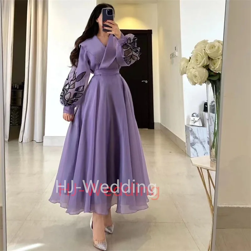 

Фиолетовые платья из органзы для выпускного вечера в стиле Саудовской Аравии с V-образным вырезом и длинными рукавами, вечернее платье до щиколотки, платья для выпускного вечера