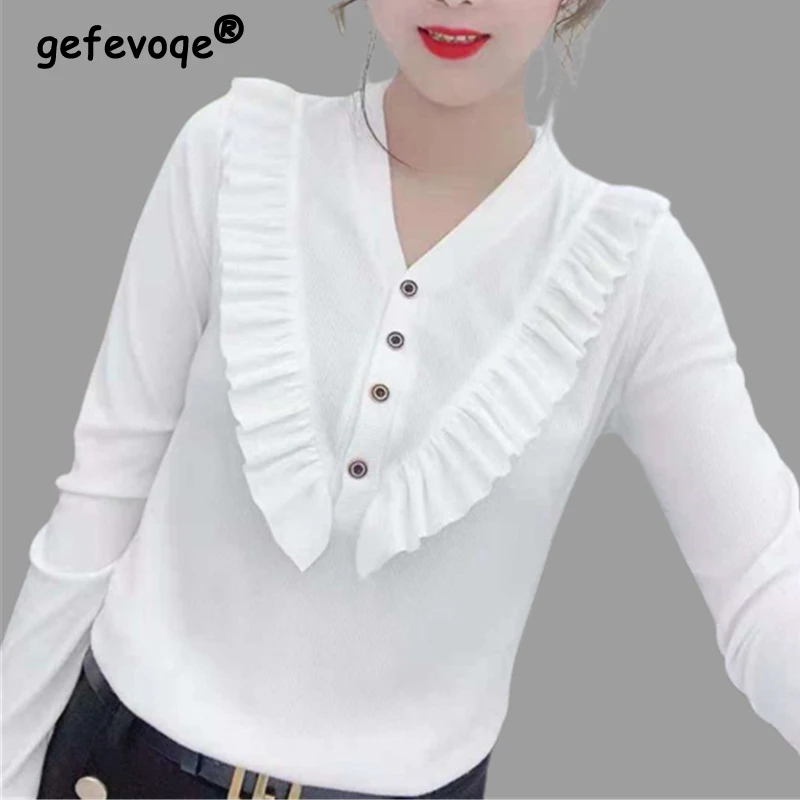 Elegant Fashion Chic Ruffle V Neck Long Sleeve Solid Slim Basic Top Female Spring Autumn Casual Sweet Tee T Shirt Women Clothing
Elegant Fashion Chic Ruffle V Neck Long Sleeve Solid Slim Basic Top Female Spring Autumn Casual Sweet Tee T Shirt Women Clothing