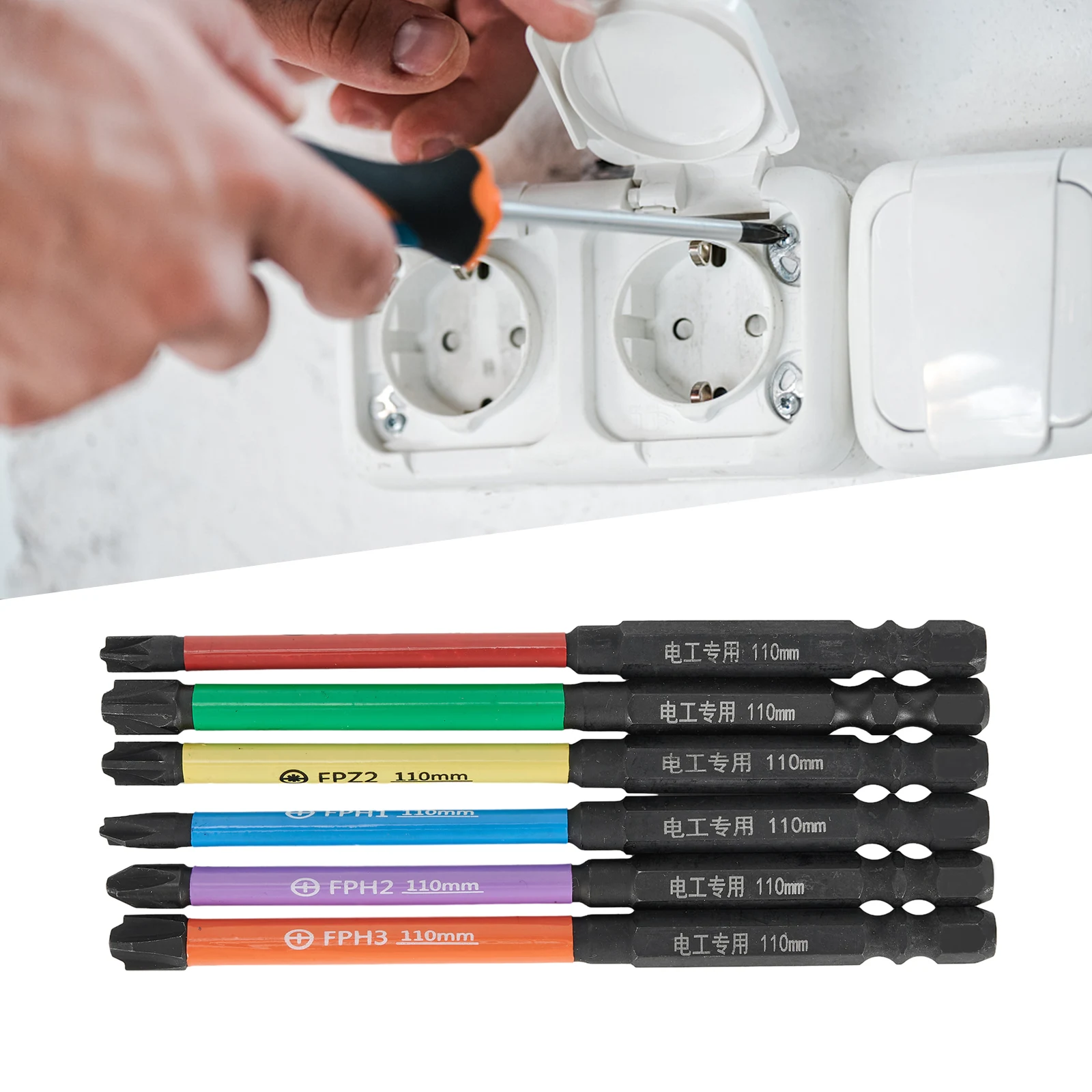 Electrician Screwdriver Bits 110mm / 4.33’’ Length 6 Pcs/set Alloy Steel FPH1/FPH2/FPH3/FPZ1/FPZ2/FPZ3 Magnetic
Electrician Screwdriver Bits 110mm / 4.33’’ Length 6 Pcs/set Alloy Steel FPH1/FPH2/FPH3/FPZ1/FPZ2/FPZ3 Magnetic