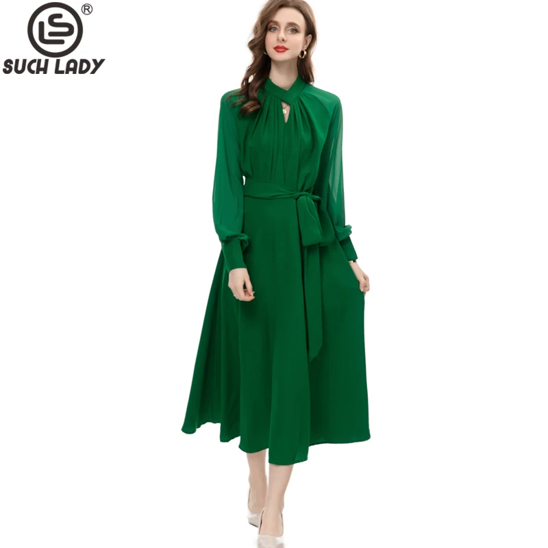 

Women's Runway Dresses Stand Collar Long Sleeves Sexy Keyhole Lace Up Fashion High Street Designer Casual Vestidos