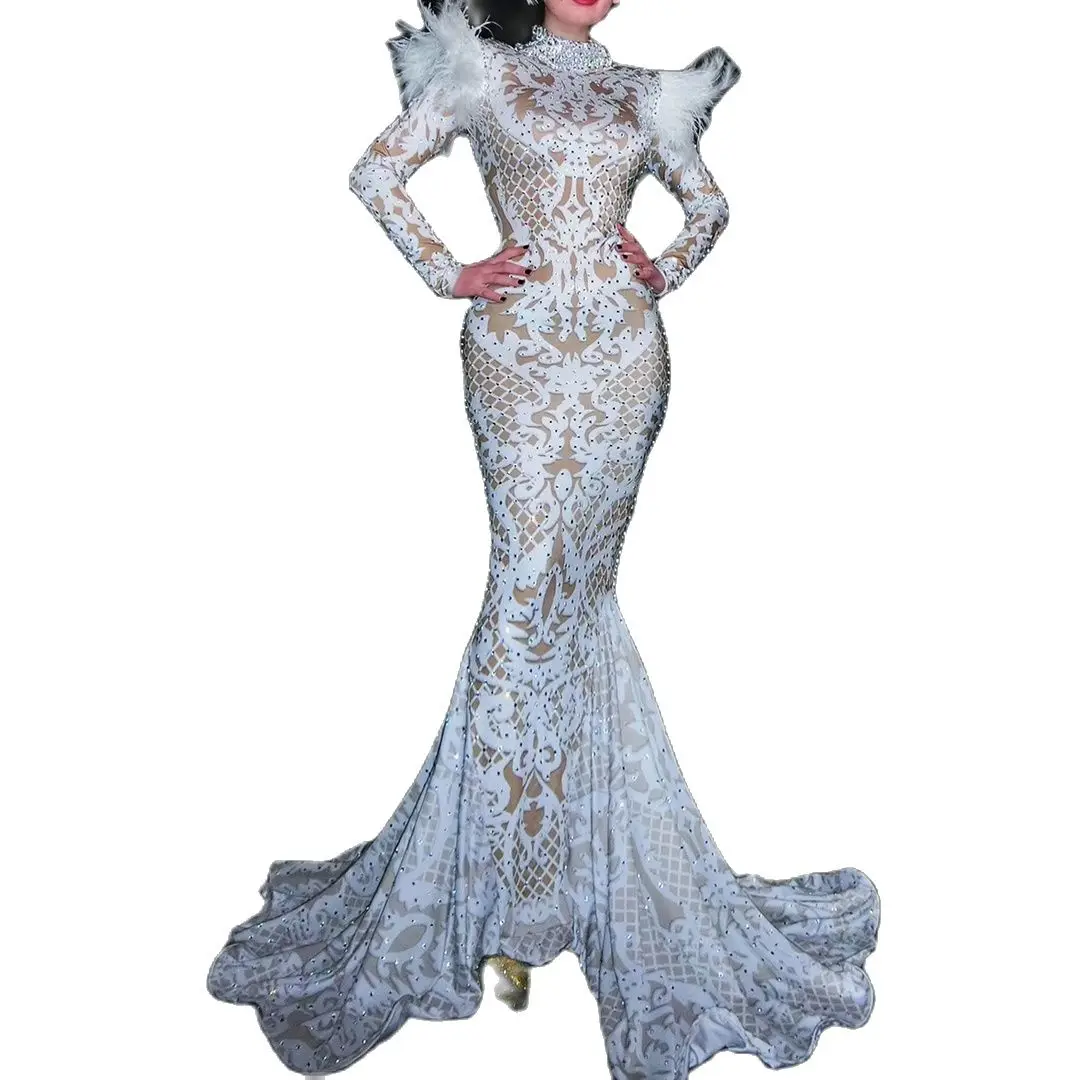 Elegant White Lace Print Rhinestones Mermaid Wedding Party Dress Women Singer Stage Costumes Lady Plus Size Evening Prom Dresses
Elegant White Lace Print Rhinestones Mermaid Wedding Party Dress Women Singer Stage Costumes Lady Plus Size Evening Prom Dresses
