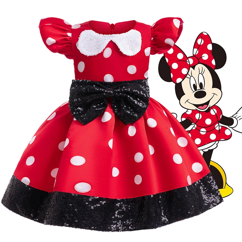 

New Cosplay Minnie Children's Dress Christmas Polka Dot Mickey Stage Performance Princess Dress Bow Sequin Color Matching Dress