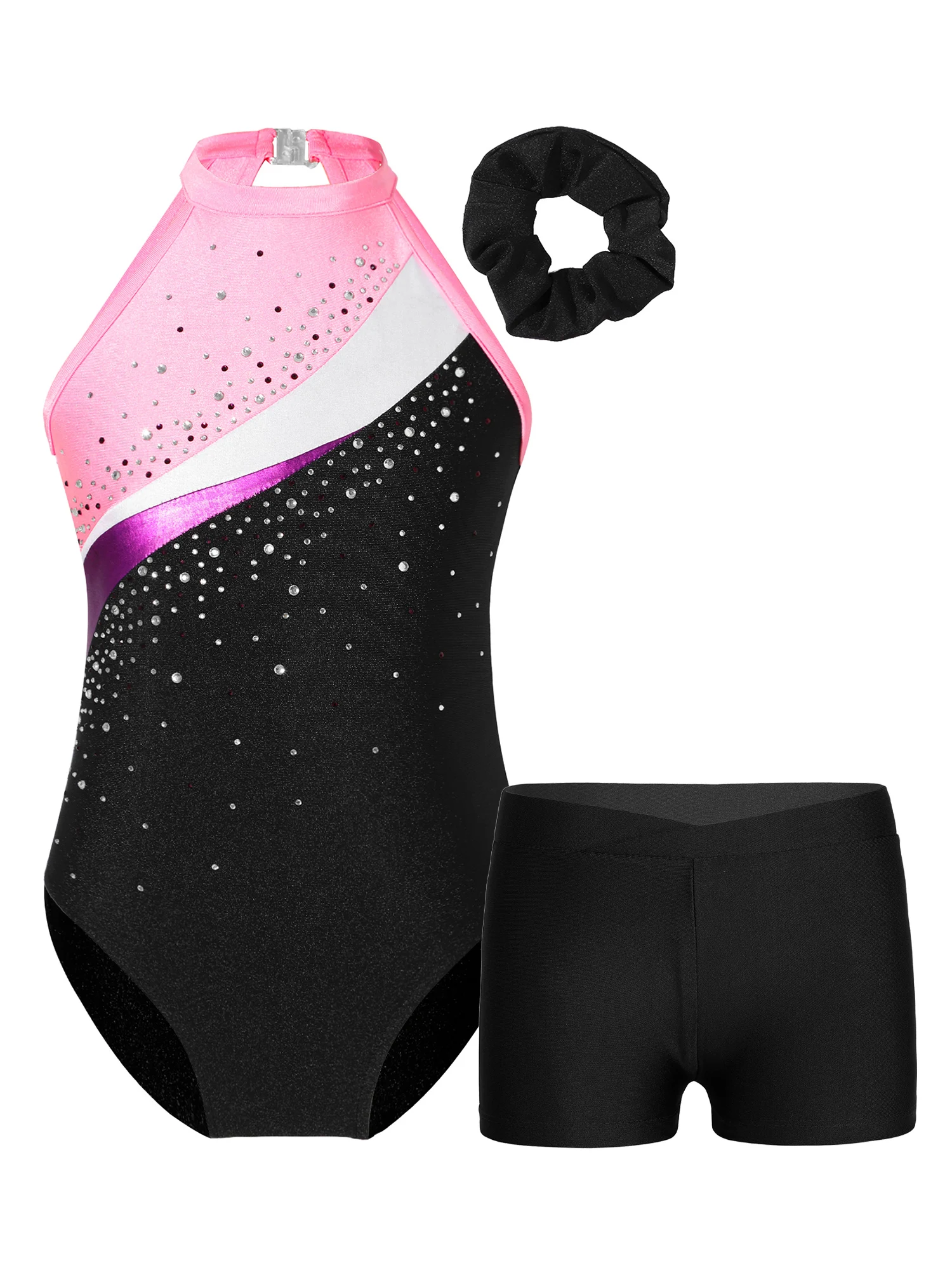 

Kids Girls Sleeveless Hollow Back Dancewear Shiny Rhinestone Decorated Dance Leotards with Hair Band And Black Shorts Bottoms