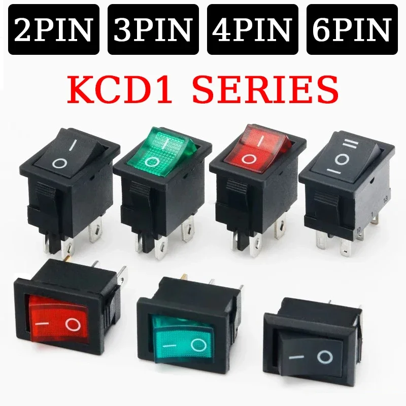 

100pcs KCD1 4Pin 2Pin 3Pin 21*15mm ON-OFF Black Boat Car Rocker Switch 6A/250V 10A/125V AC Power Switch Red Green Light Switch