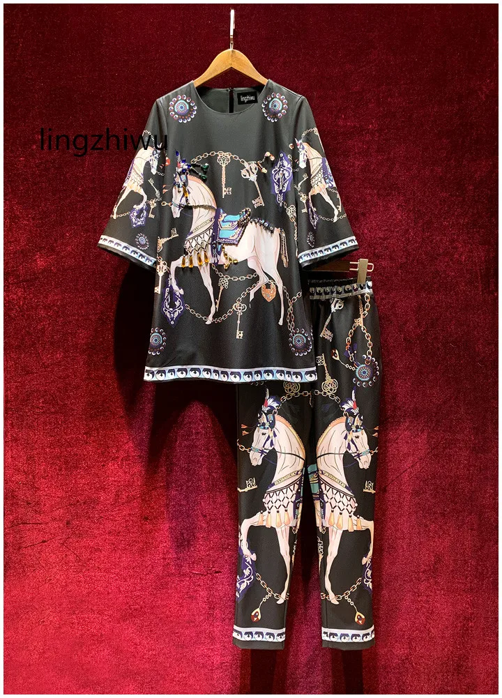 

lingzhiwu Print Pants Set Elegant Fairy Vintage Beading Top Quality Designer Female Suit 2024 Spring Summer Twinset New Arrive