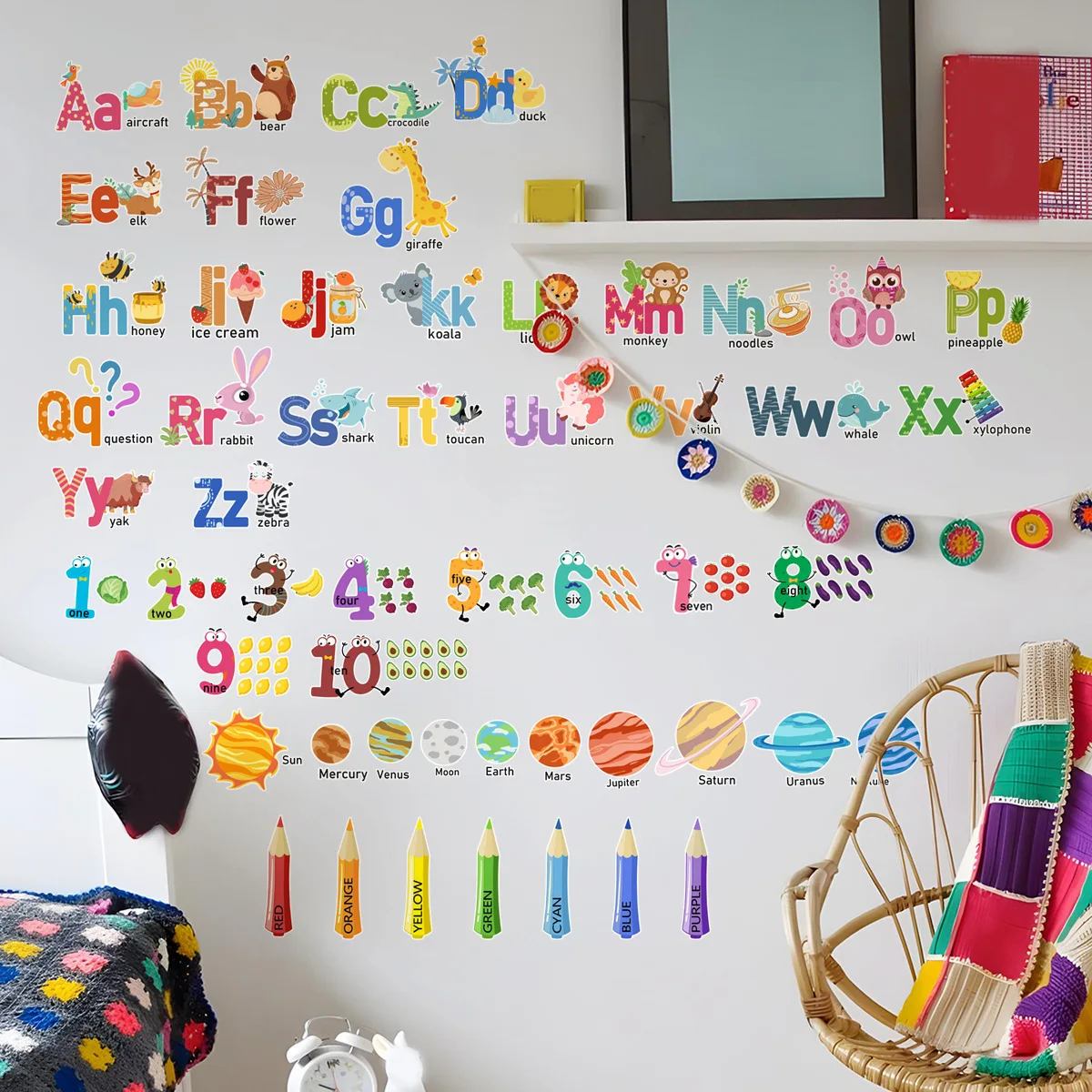 English Alphabet Letters Wall Stickers Cartoon Animals Early Education Decals Jupiter Mars Art Decoration Mural Poster
English Alphabet Letters Wall Stickers Cartoon Animals Early Education Decals Jupiter Mars Art Decoration Mural Poster