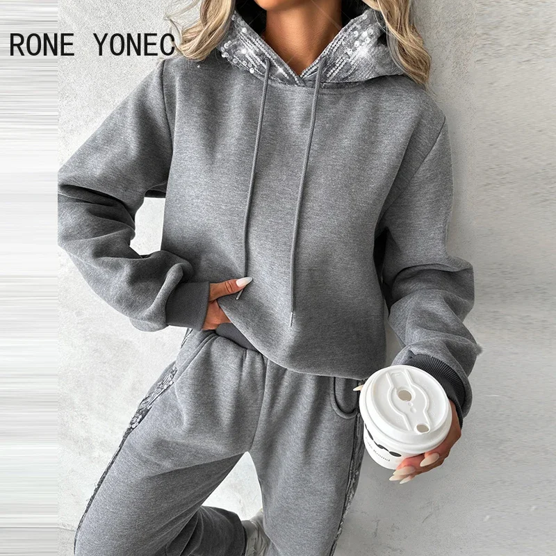 Women Solid Hooded Long Sleeves Sequins Side Stripe Patchwork Sweatshirt Three Pants Set 
Women Solid Hooded Long Sleeves Sequins Side Stripe Patchwork Sweatshirt Three Pants Set