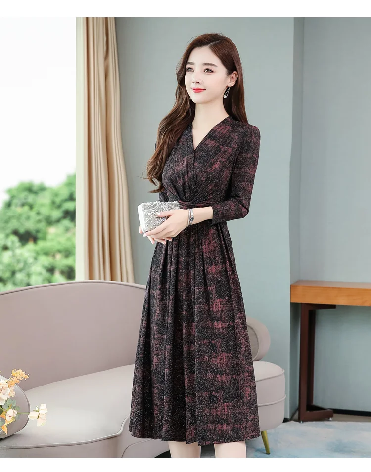 Women Print Long Sleeve V-Neck Sexy Midi Dress 2022 Korean Elegant Bodycon Casual Dress Spring Autumn Vintage Offfice Lady Dress Women Print Long Sleeve V-Neck Sexy Midi Dress 2022 Korean Elegant Bodycon Casual Dress Spring Autumn Vintage Offfice Lady Dress