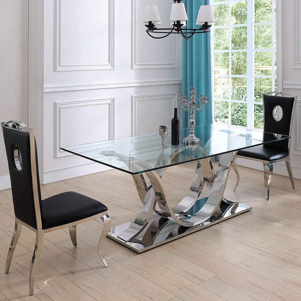 Modern dining room furniture stainless steel design 12mm thick tempered glass 8 seater modern dining table set
Modern dining room furniture stainless steel design 12mm thick tempered glass 8 seater modern dining table set