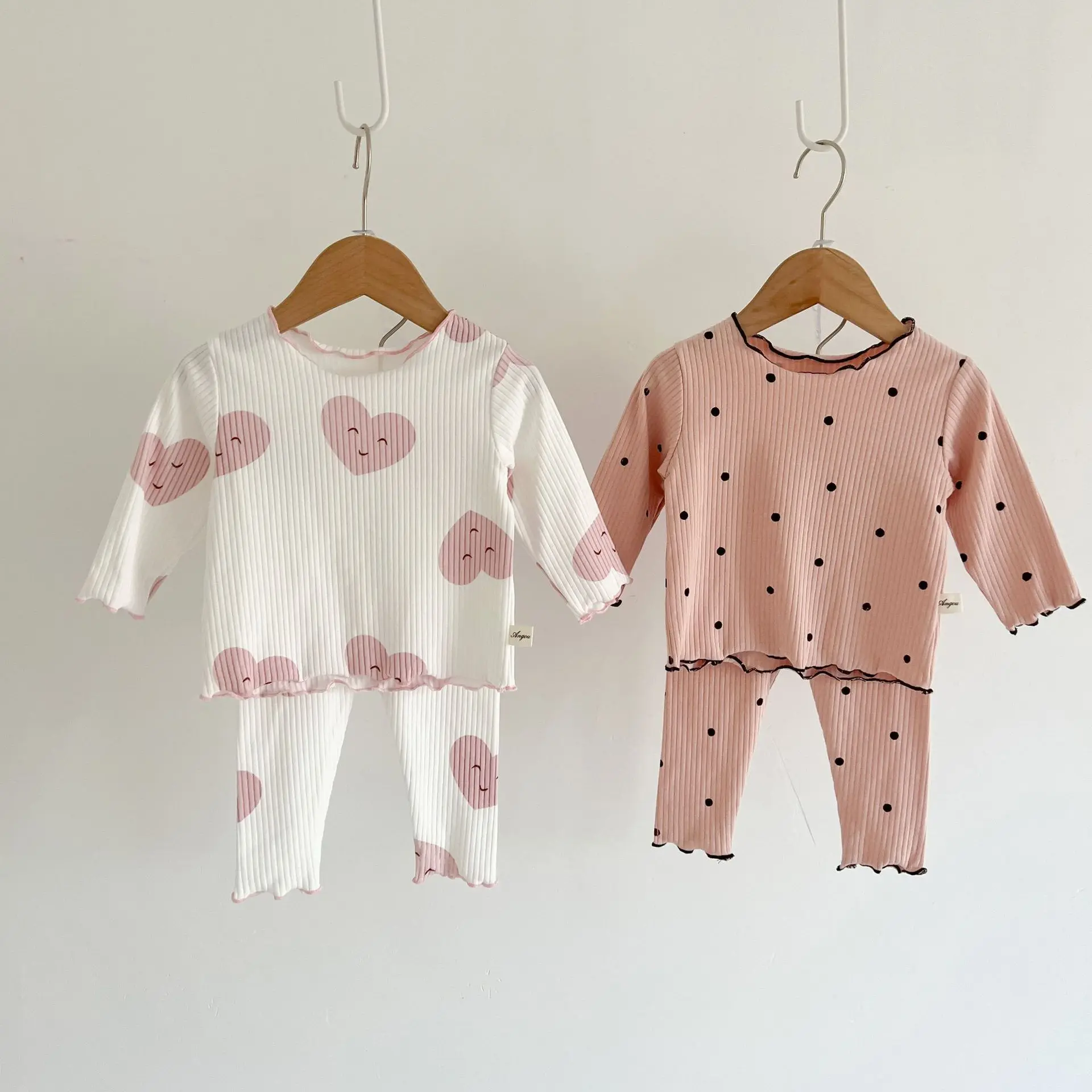 

Newborn Spring and Autumn Clothes Infant Girl Set Home Clothes 2023 Autumn New Pit Ribbed Cotton Girl's Pajamas Suit Wooden Ear