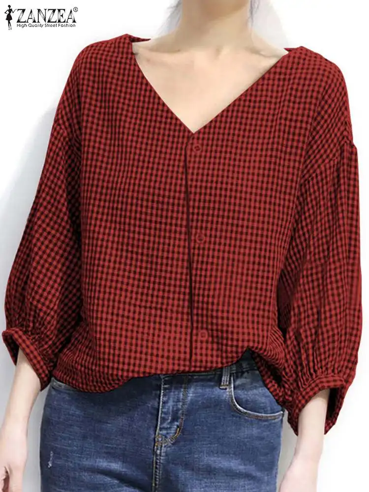 

ZANZEA Fashion Holiday Blouse Spring Puff Sleeve V-Neck Tunic Tops Casual Check Printed Shirt Elegant Loose Blusas Chemise 2024