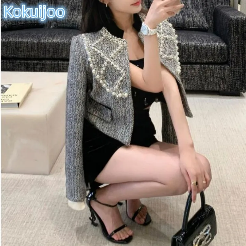 Kokuijoo Ladies Woolen Winter Coat Luxurious Sequins Pearl Beading Design Short Coat Fashion Korean Formal Woman Jacket Striped 
Kokuijoo Ladies Woolen Winter Coat Luxurious Sequins Pearl Beading Design Short Coat Fashion Korean Formal Woman Jacket Striped