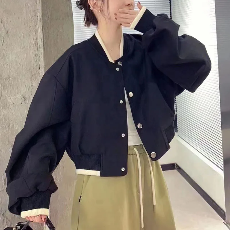 

Короткая бейсбольная куртка с воротником-стойкой, Женская Весенняя куртка свободного кроя в Корейском стиле на пуговицах, женские повседневные пальто с длинным рукавом для женщин