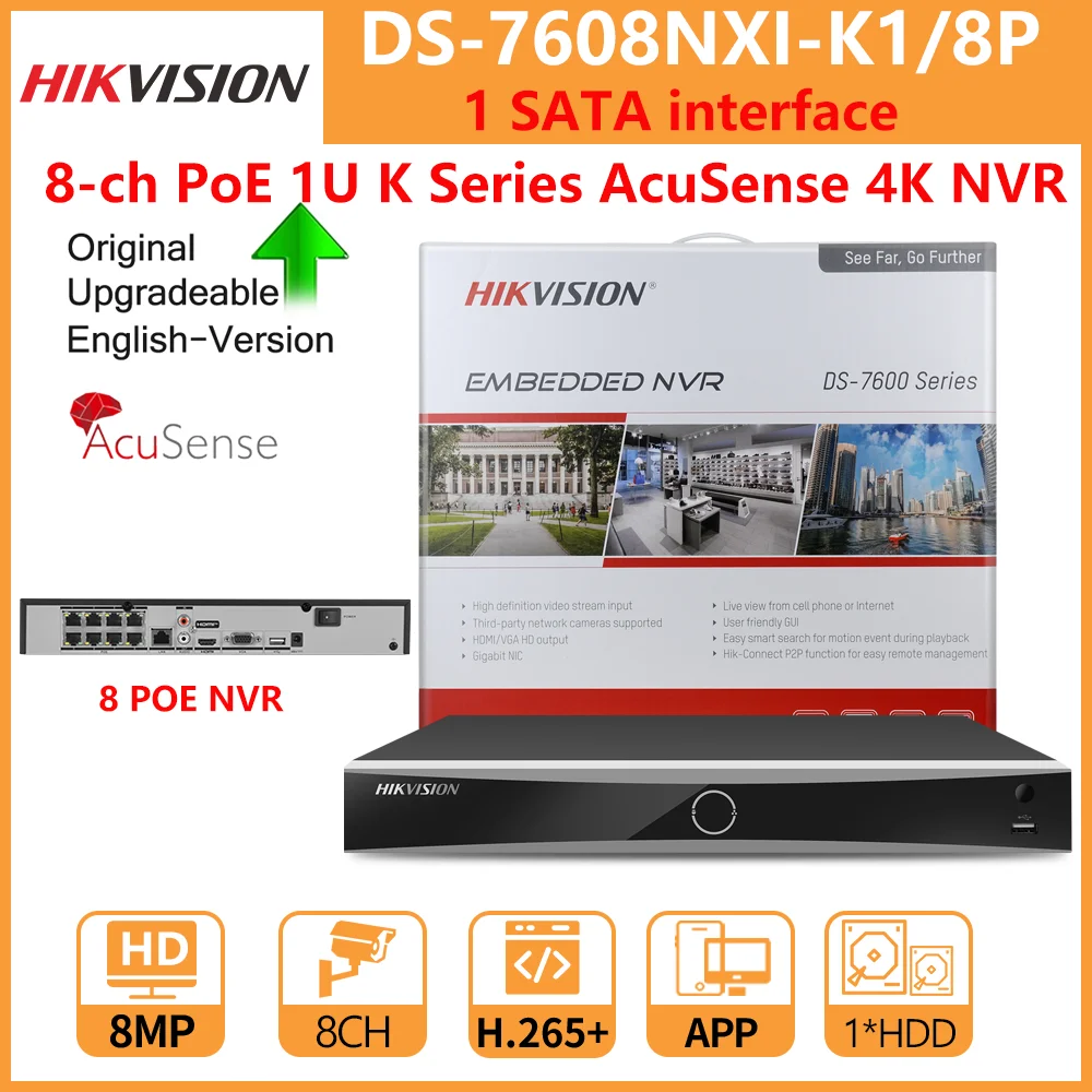 

Hikvision 8-ch PoE 1U K Series AcuSense 4K NVR DS-7608NXI-K1/8P 8 POE Ports AcuSense Facial Recognition Network Video Recorder