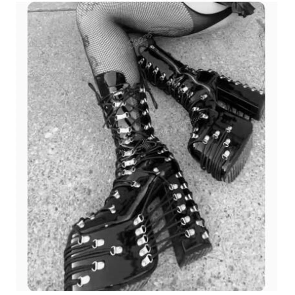 

Black Cross Tied Platform Hollow Mid Calf Boots Lace-up Chunky High Heel Punk Style Sexy Women Shoes 2024 Zapatos Para Mujere