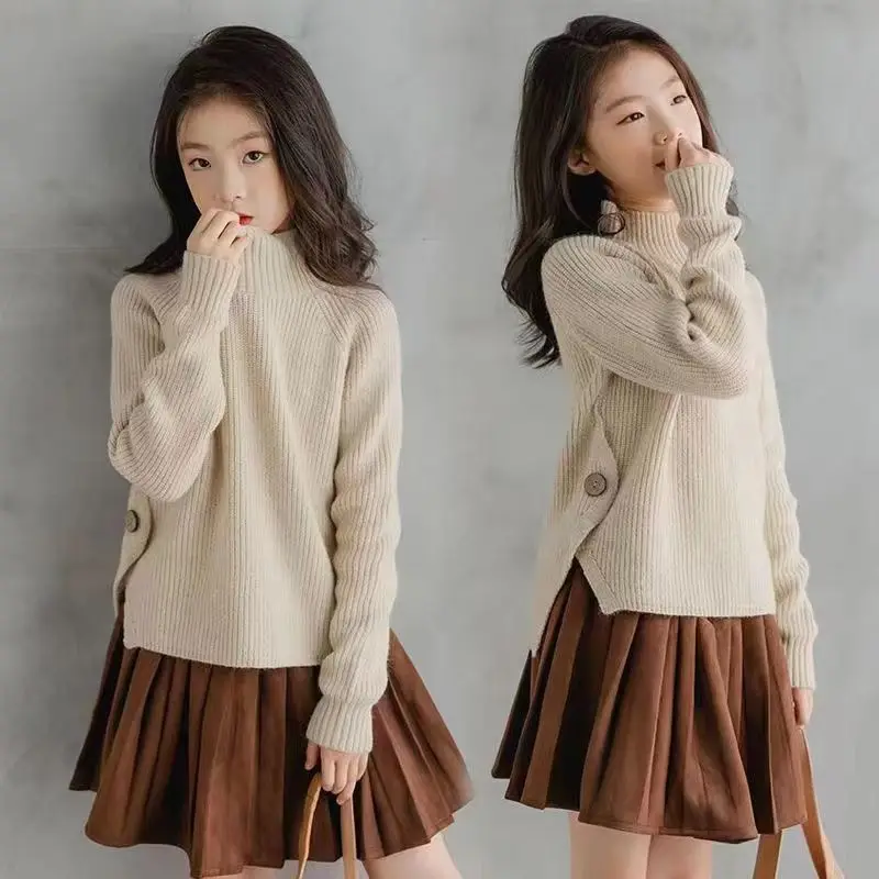 

5-14Y Kids Clothes 2023 Spring Solid Color Sweaters for Girls Knitwear Turtleneck Pullover Outerwear Teenage Children Clothing